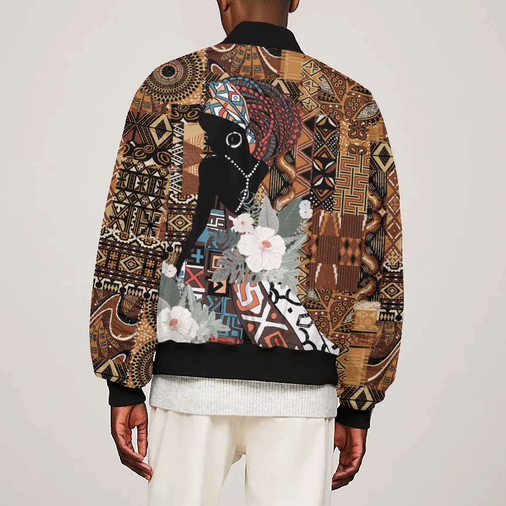Beautiful Black Woman Bomber Jacket African Tribal Pattern
