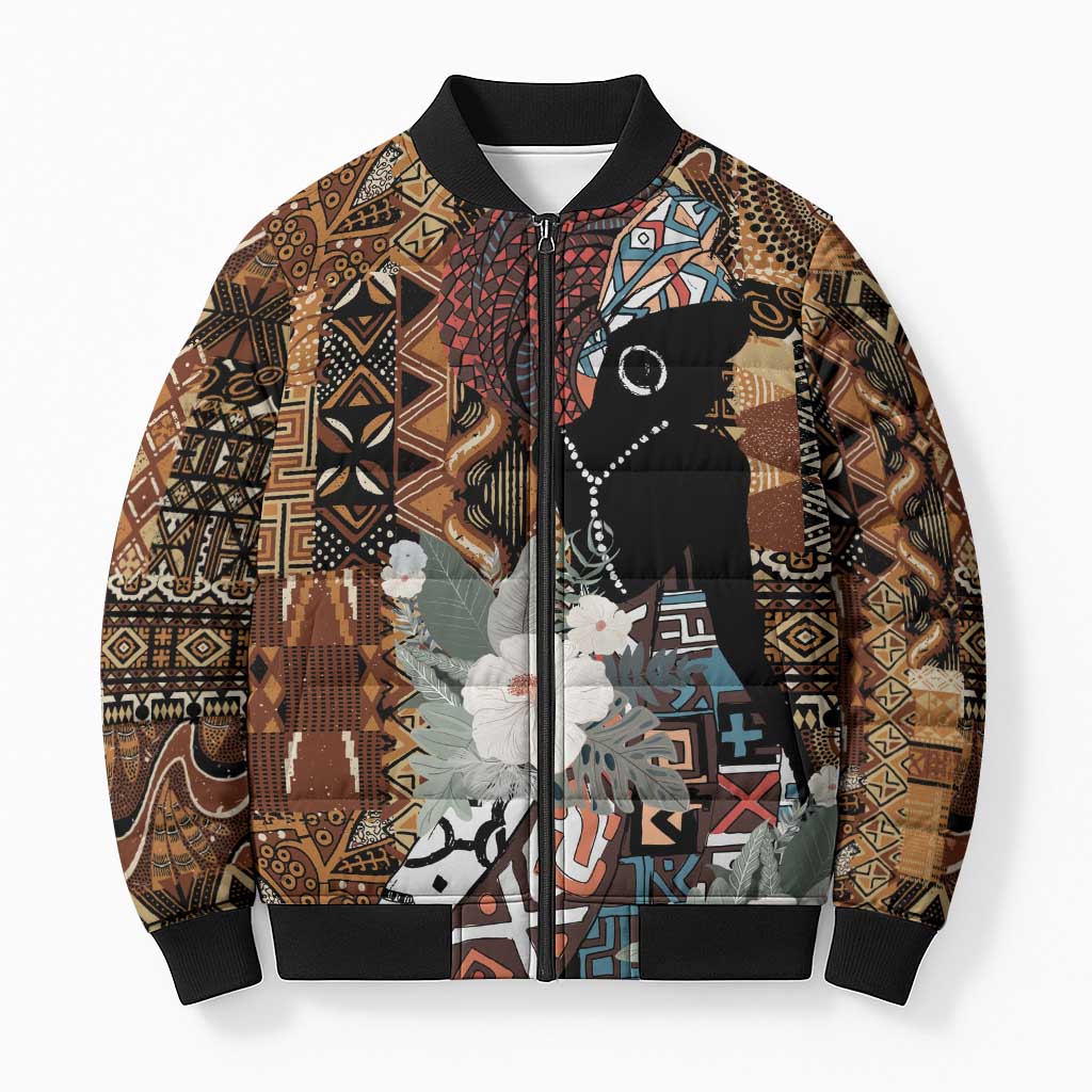 Beautiful Black Woman Bomber Puffer Jacket African Tribal Pattern