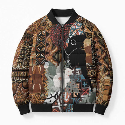 Beautiful Black Woman Bomber Puffer Jacket African Tribal Pattern