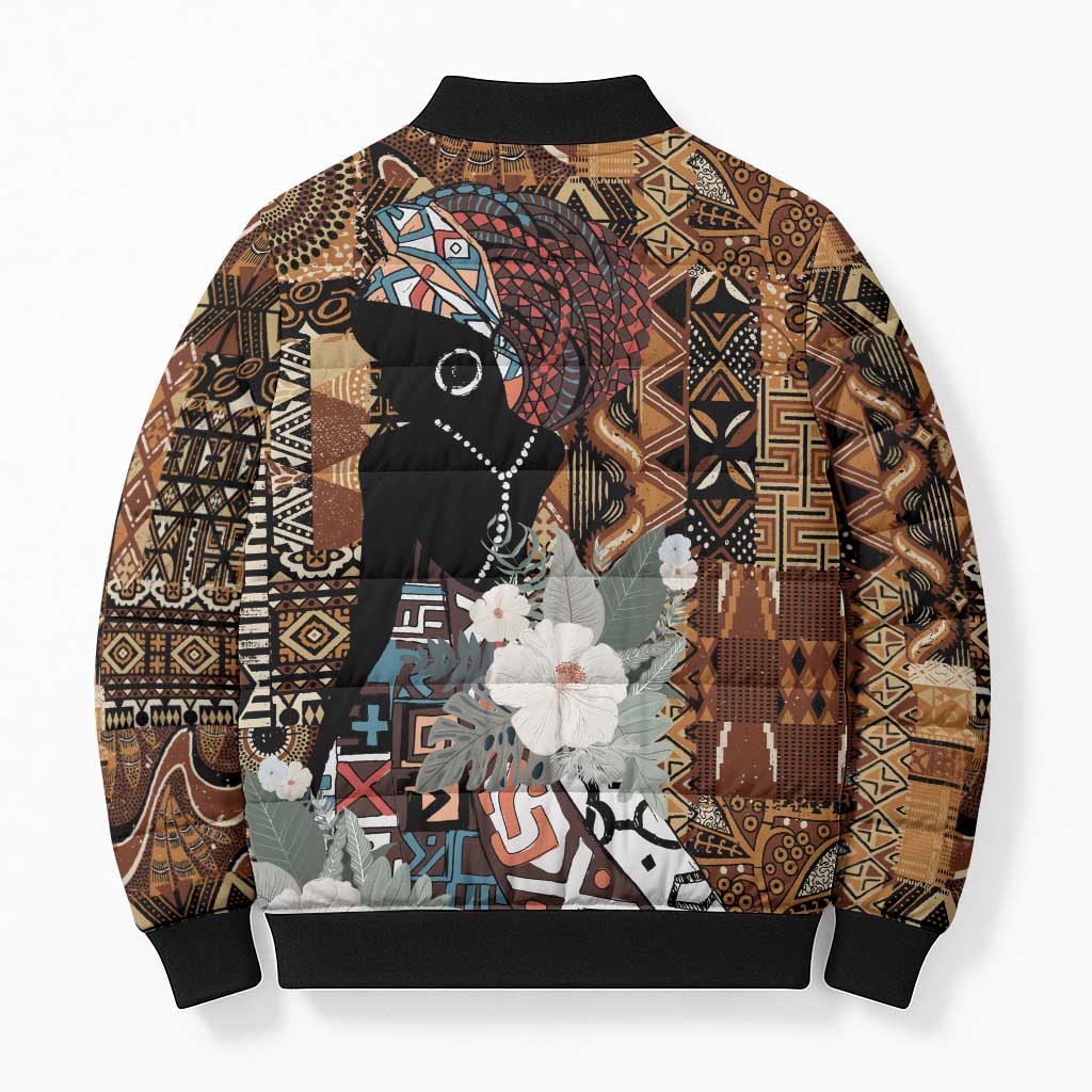 Beautiful Black Woman Bomber Puffer Jacket African Tribal Pattern