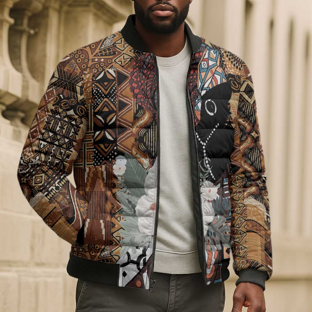Beautiful Black Woman Bomber Puffer Jacket African Tribal Pattern