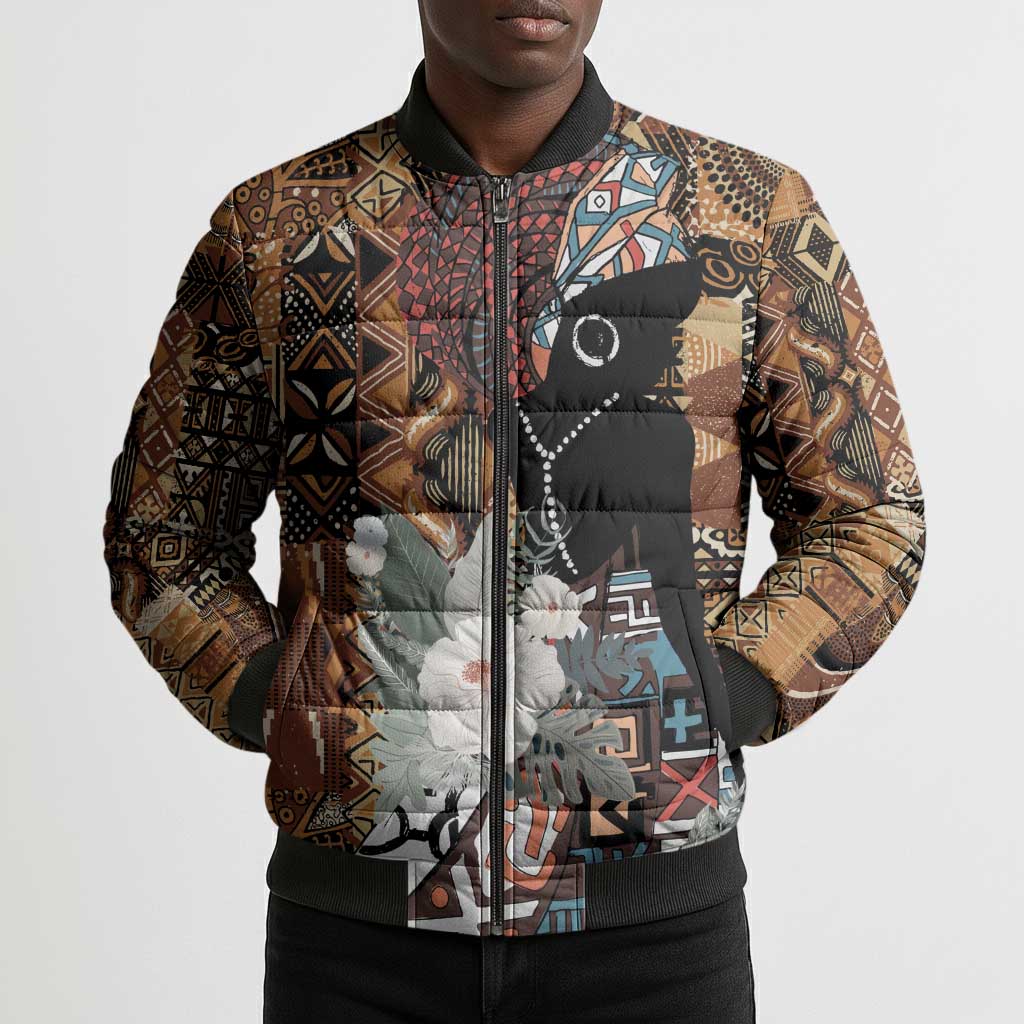 Beautiful Black Woman Bomber Puffer Jacket African Tribal Pattern