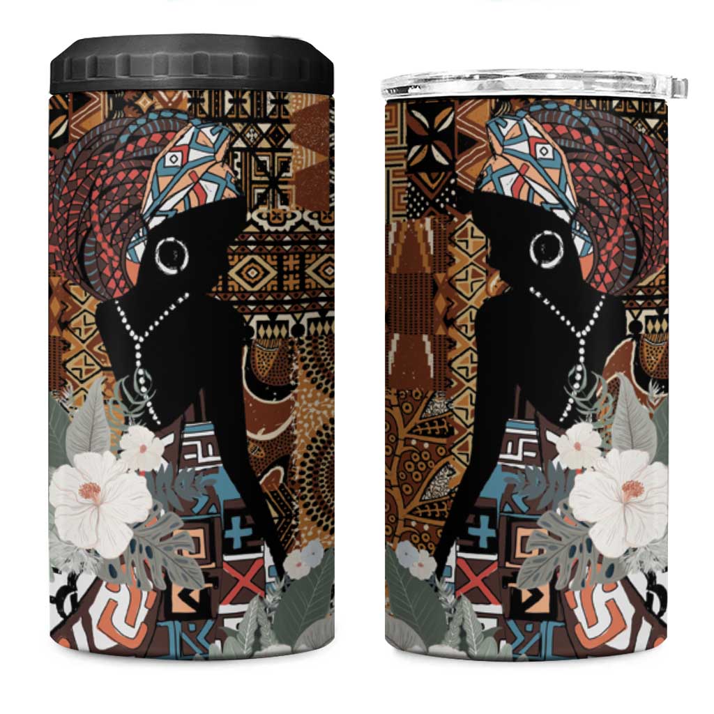 Beautiful Black Woman 4 in 1 Can Cooler Tumbler African Tribal Pattern