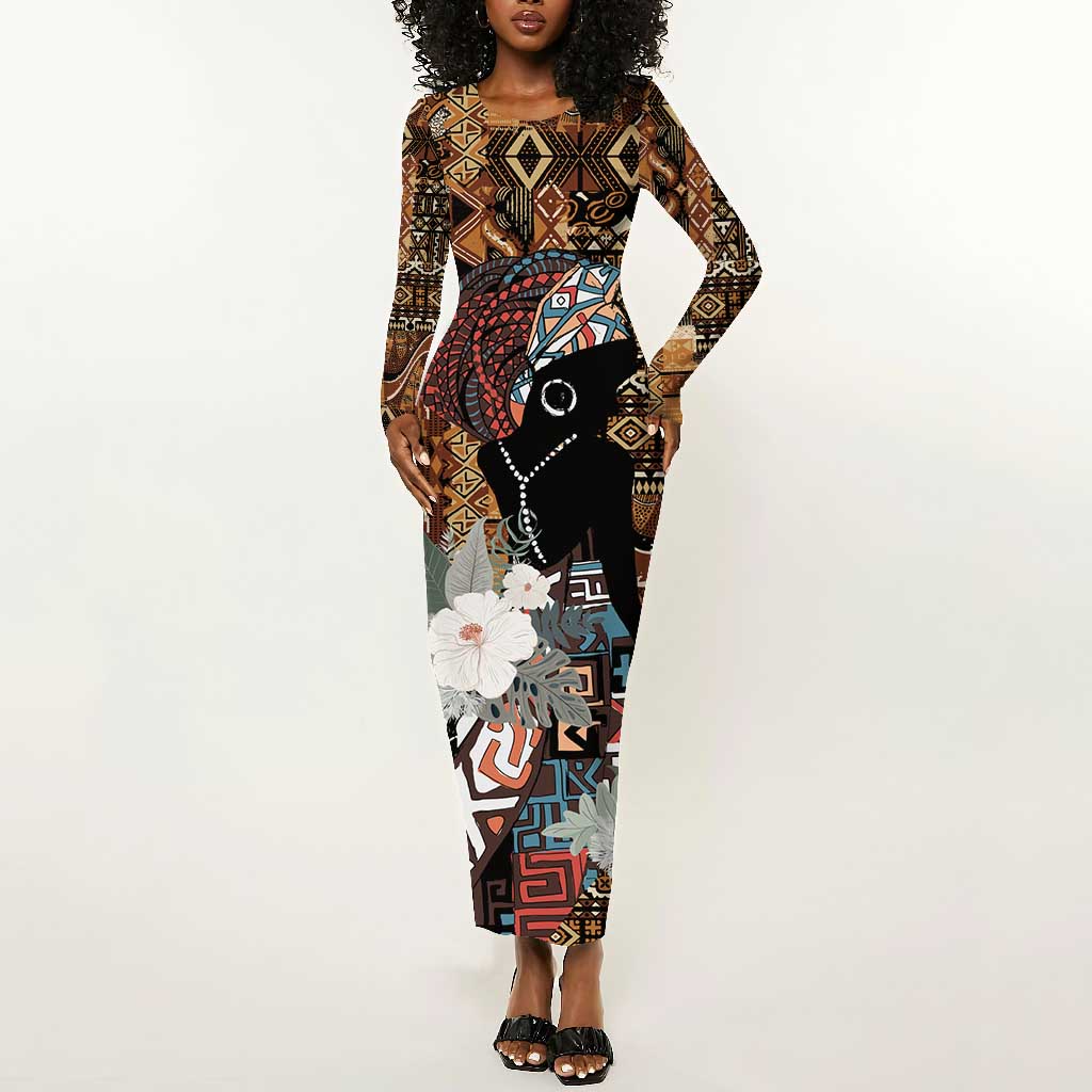 Beautiful Black Woman Long Sleeve Bodycon Dress African Tribal Pattern