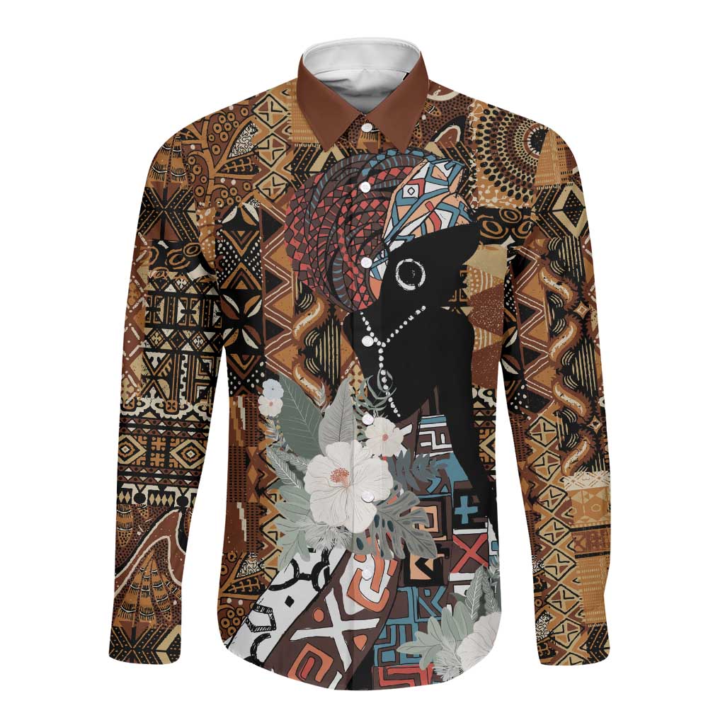Beautiful Black Woman Long Sleeve Button Shirt African Tribal Pattern
