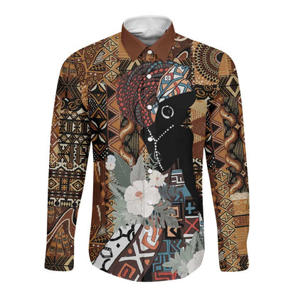Beautiful Black Woman Long Sleeve Button Shirt African Tribal Pattern