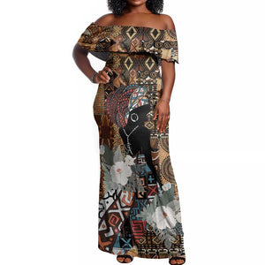 Beautiful Black Woman Off Shoulder Maxi Dress African Tribal Pattern