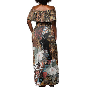 Beautiful Black Woman Off Shoulder Maxi Dress African Tribal Pattern