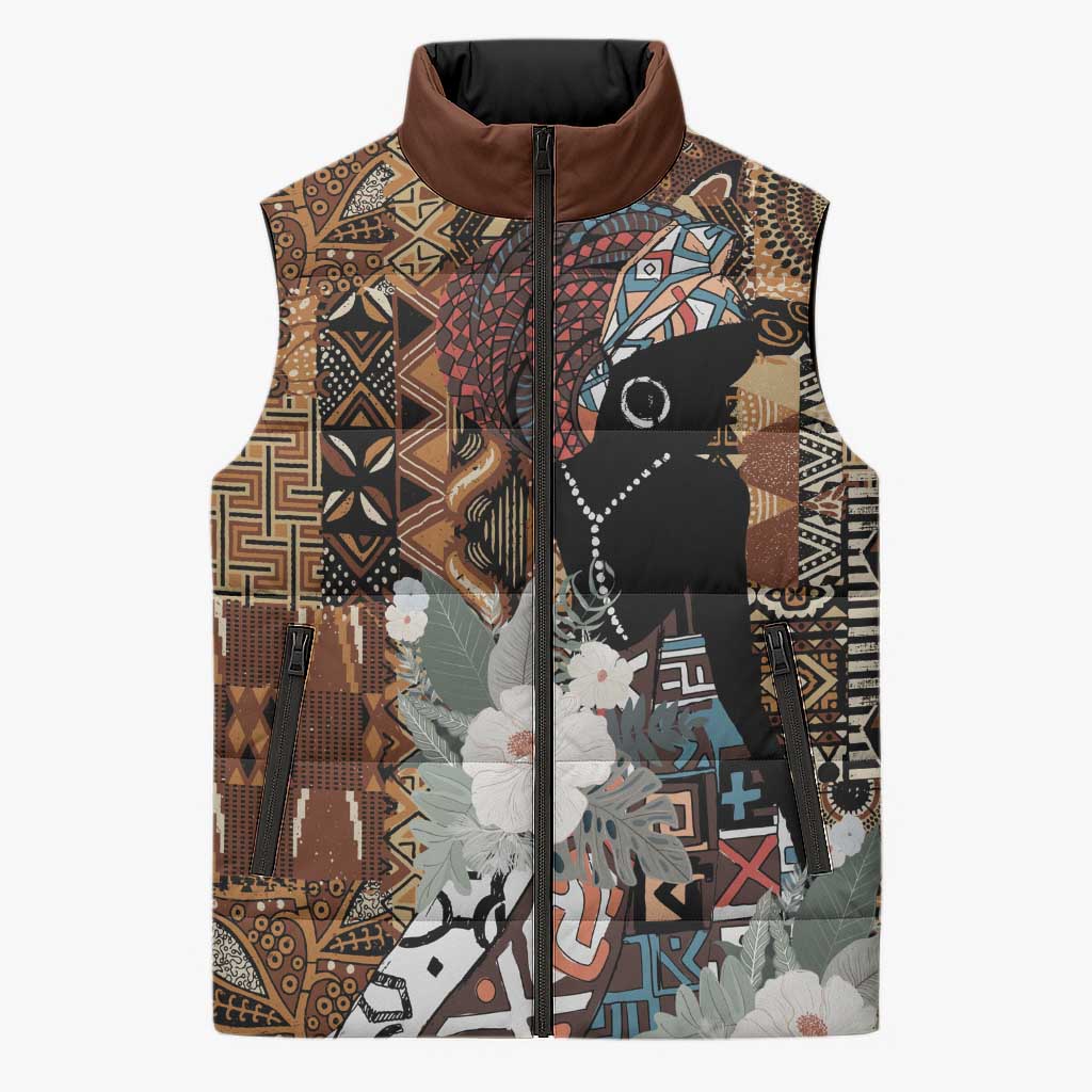 Beautiful Black Woman Sleeveless Puffer Jacket African Tribal Pattern
