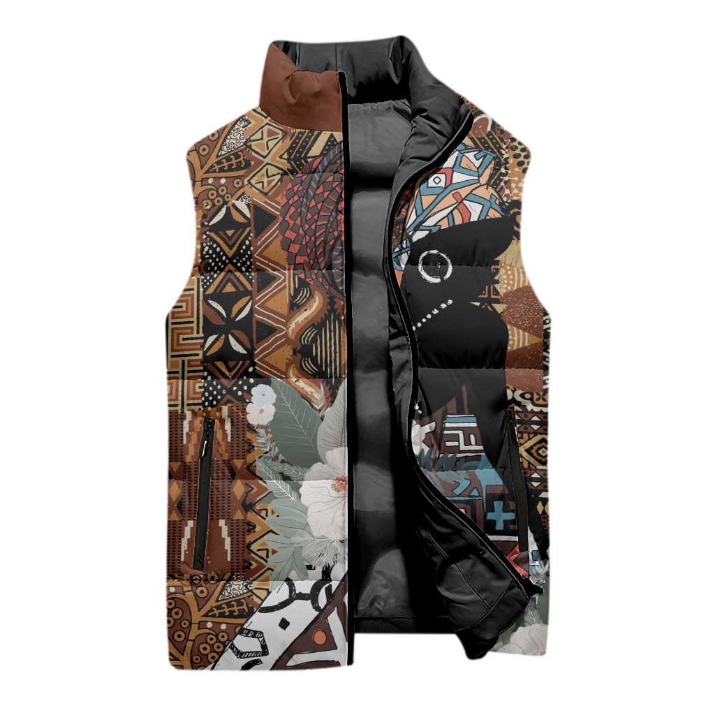 Beautiful Black Woman Sleeveless Puffer Jacket African Tribal Pattern