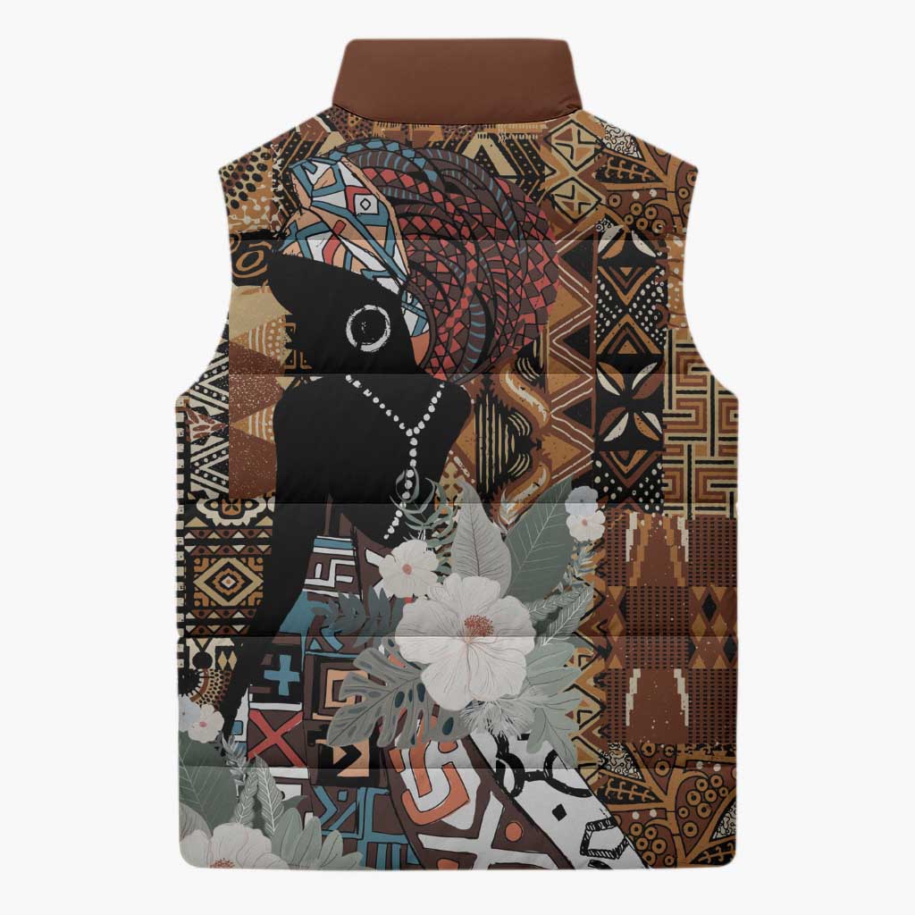 Beautiful Black Woman Sleeveless Puffer Jacket African Tribal Pattern