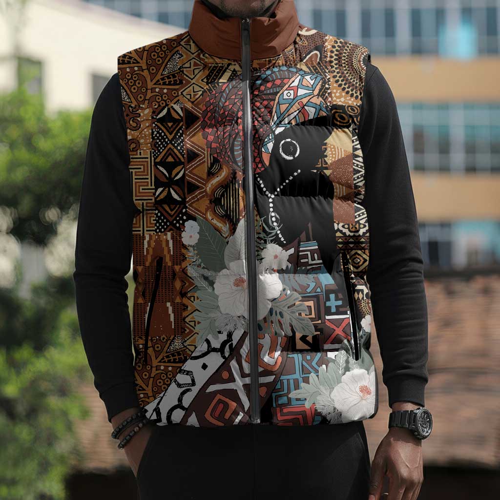 Beautiful Black Woman Sleeveless Puffer Jacket African Tribal Pattern