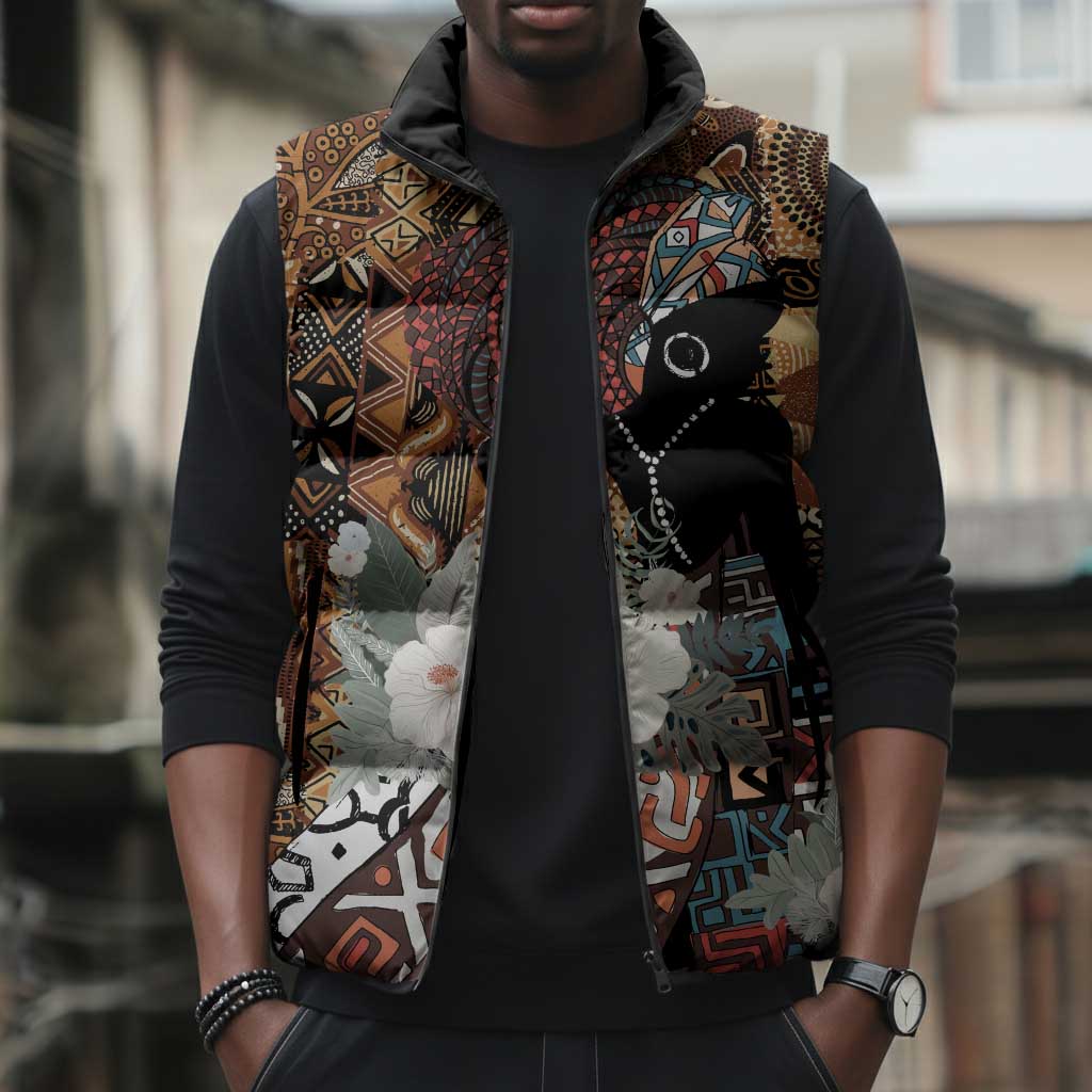 Beautiful Black Woman Sleeveless Puffer Jacket African Tribal Pattern