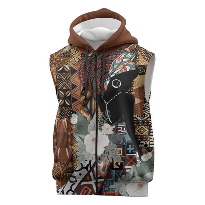Beautiful Black Woman Sleeveless Zip Hoodie African Tribal Pattern - African Pride