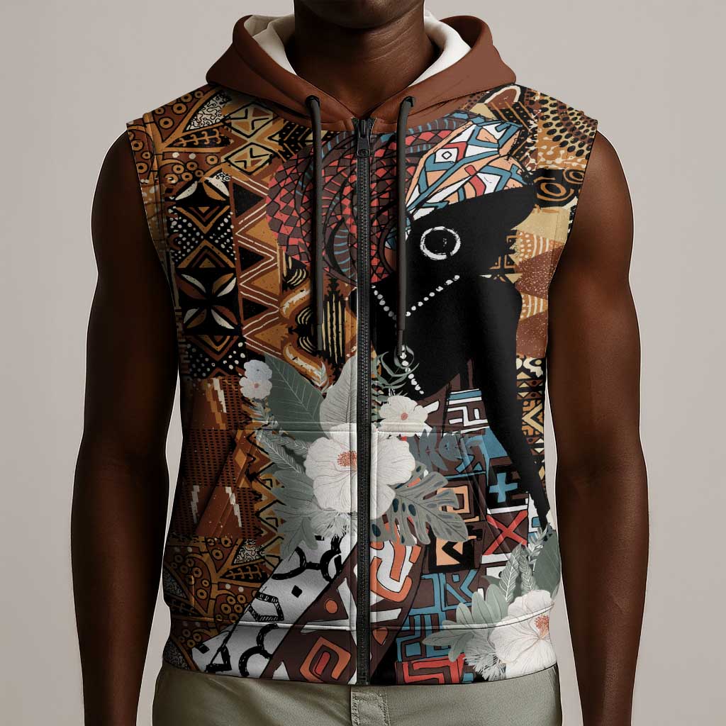 Beautiful Black Woman Sleeveless Zip Hoodie African Tribal Pattern - African Pride