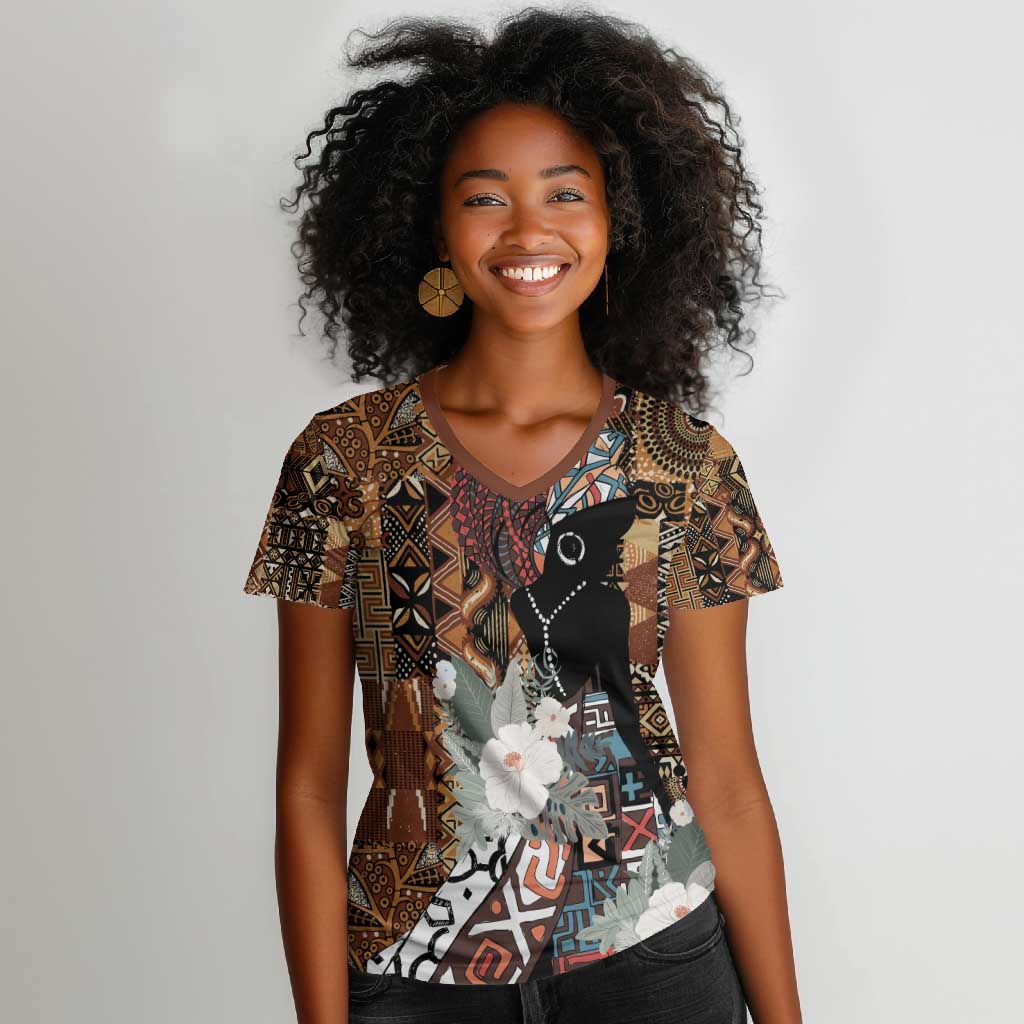 Beautiful Black Woman Women V-Neck T-Shirt African Tribal Pattern