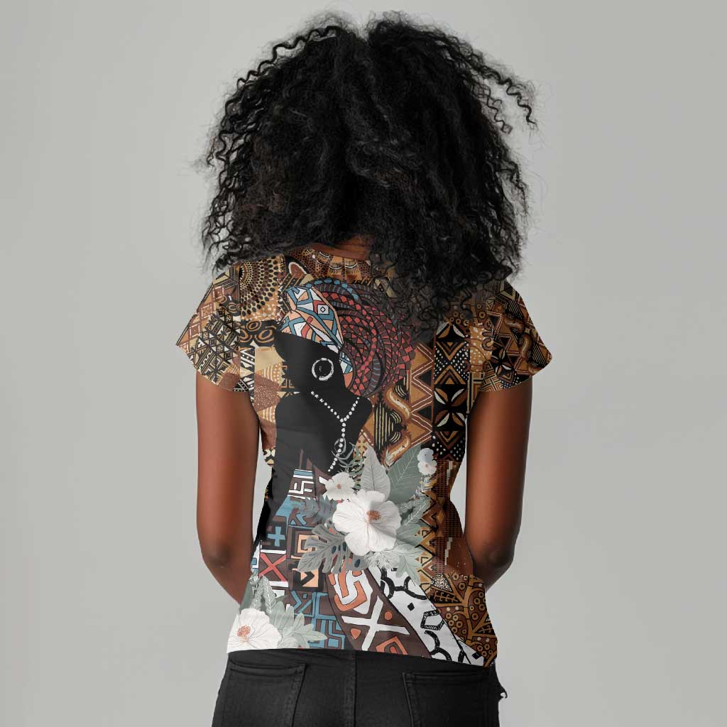 Beautiful Black Woman Women V-Neck T-Shirt African Tribal Pattern