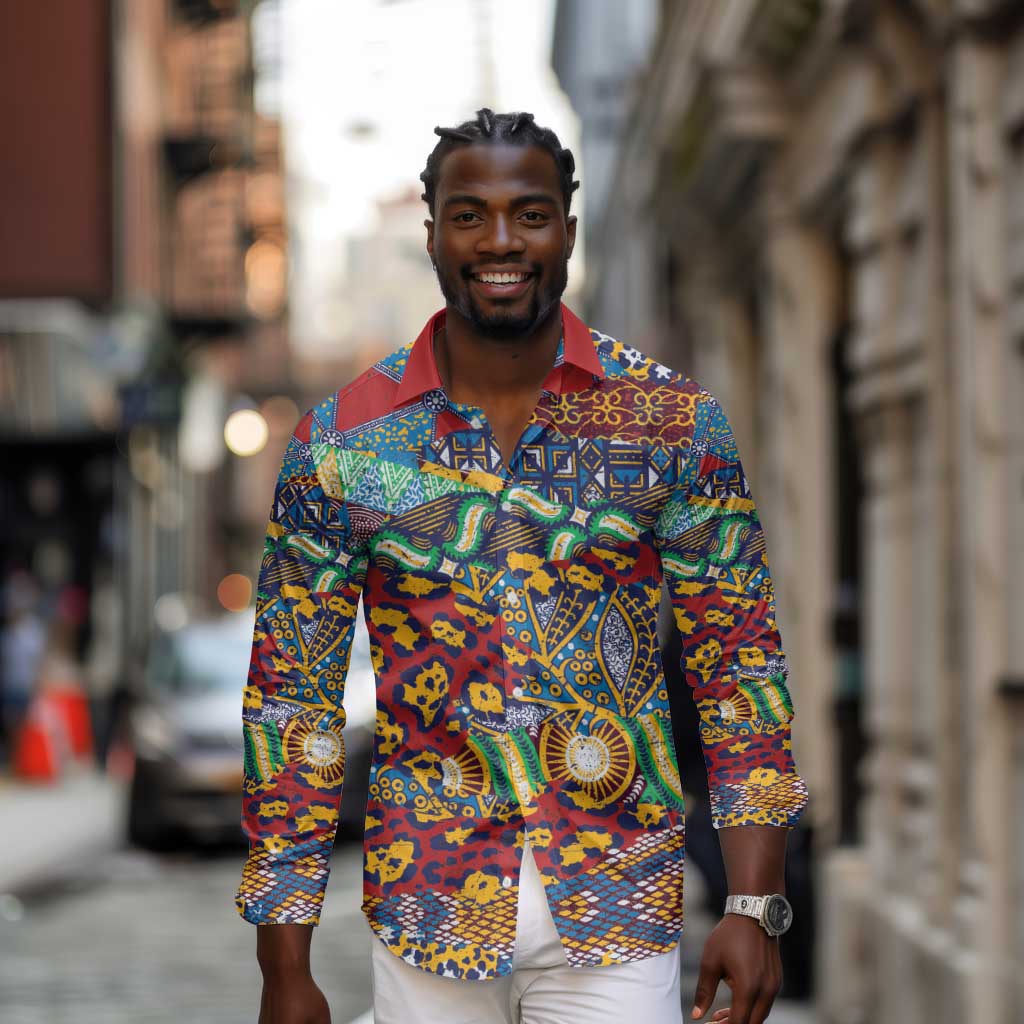 Traditional African Animal Skins Pattern Long Sleeve Button Shirt