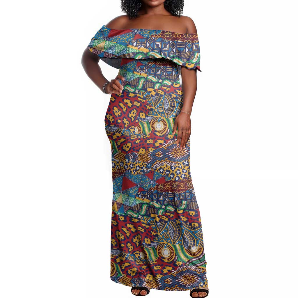 Traditional African Animal Skins Pattern Off Shoulder Maxi Dress