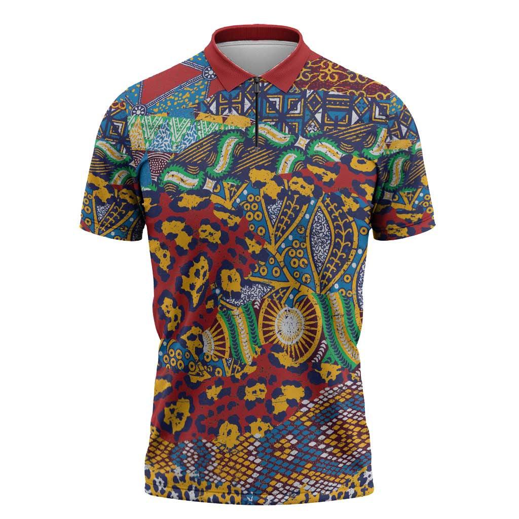 Traditional African Animal Skins Pattern Zipper Polo Shirt