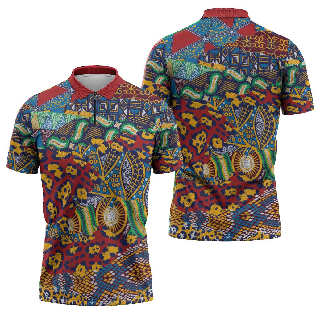 Traditional African Animal Skins Pattern Zipper Polo Shirt