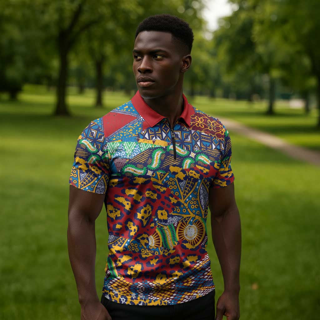 Traditional African Animal Skins Pattern Zipper Polo Shirt