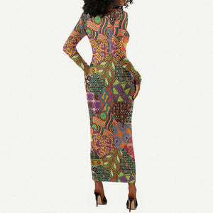 Traditional Ethnic African Vintage Motifs Long Sleeve Bodycon Dress