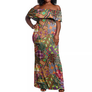 Traditional Ethnic African Vintage Motifs Off Shoulder Maxi Dress