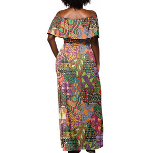 Traditional Ethnic African Vintage Motifs Off Shoulder Maxi Dress