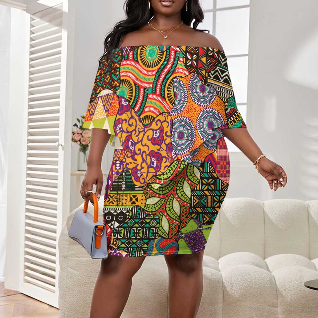 Traditional Ethnic African Vintage Motifs Off Shoulder Short Dress