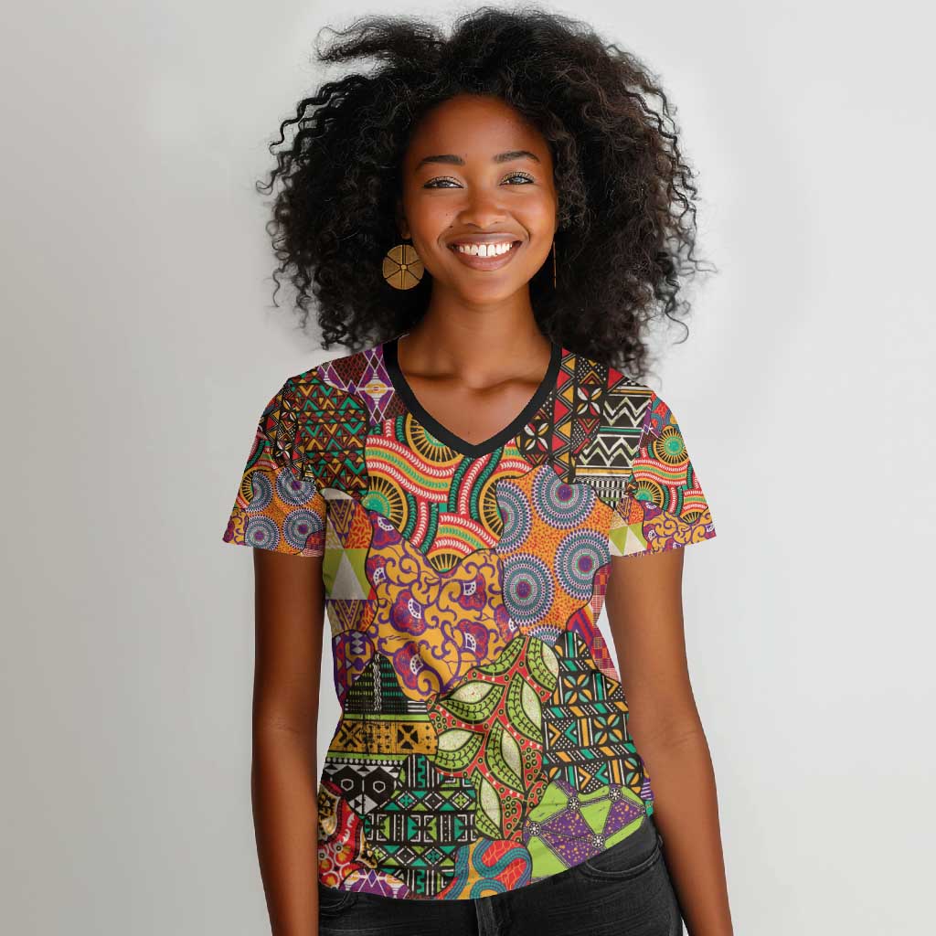 Traditional Ethnic African Vintage Motifs Women V-Neck T-Shirt