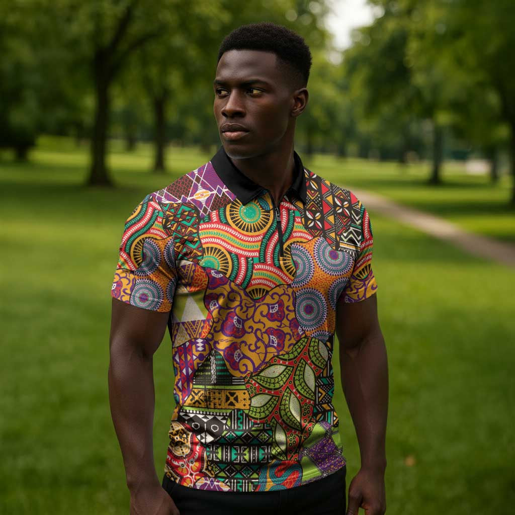 Traditional Ethnic African Vintage Motifs Zipper Polo Shirt