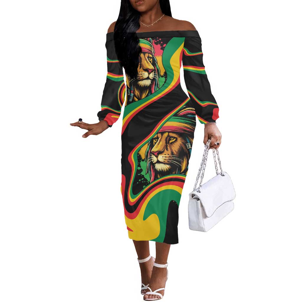 Proud Afro-Jamaicans Rasta Lion Off The Shoulder Long Sleeve Dress Reggae My Soul