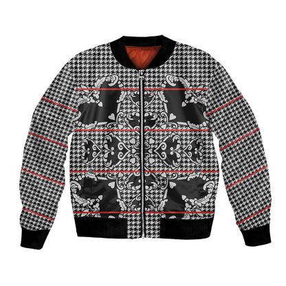 Charcoal Black Hearts Crown Traditional Geometry Bomber Jacket Seanamarena Basotho Blanket Inspired