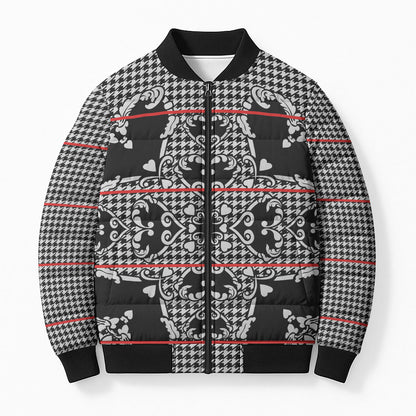 Charcoal Black Hearts Crown Traditional Geometry Bomber Puffer Jacket Seanamarena Basotho Blanket Inspired