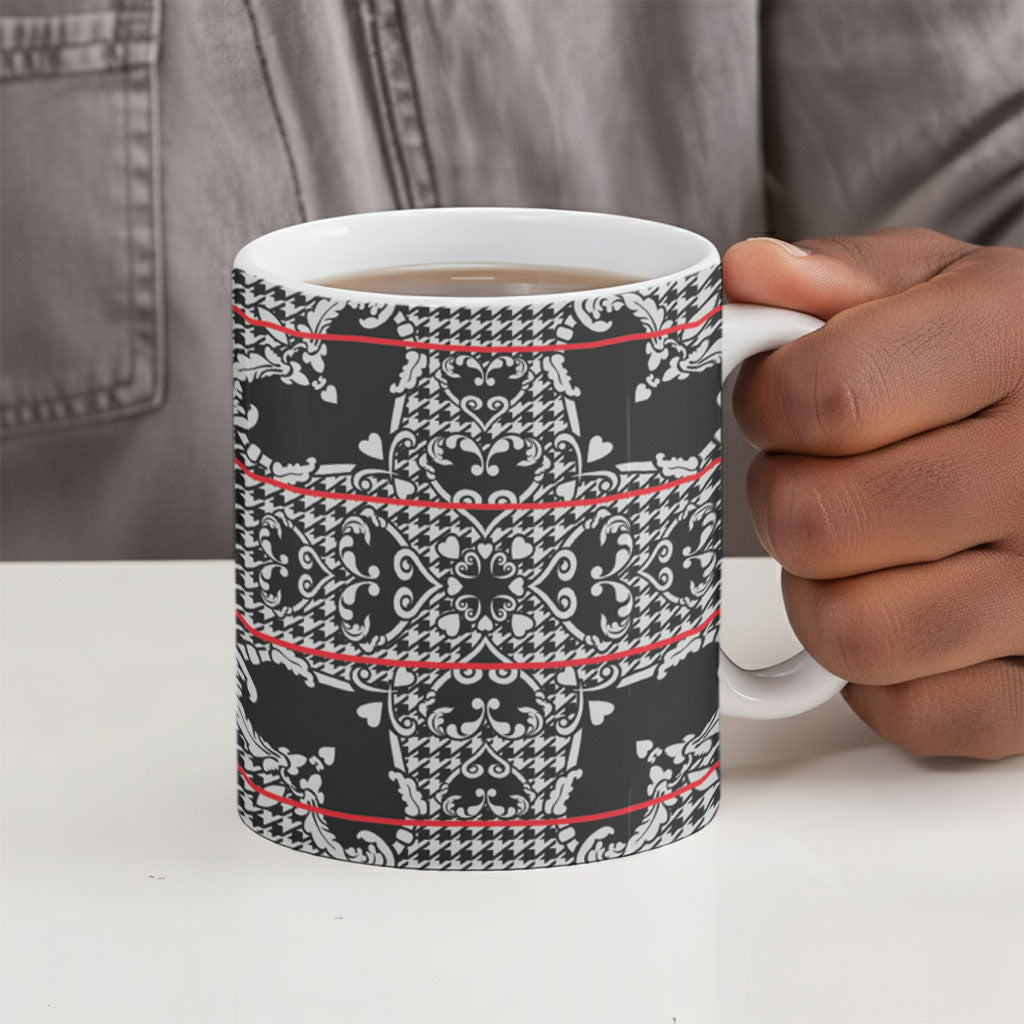 Charcoal Black Hearts Crown Traditional Geometry Ceramic Mug Seanamarena Basotho Blanket Inspired