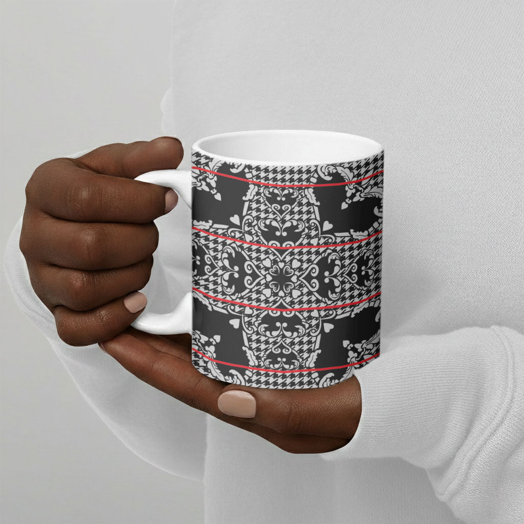 Charcoal Black Hearts Crown Traditional Geometry Ceramic Mug Seanamarena Basotho Blanket Inspired