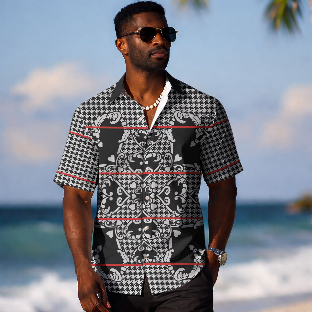 Charcoal Black Hearts Crown Traditional Geometry Hawaiian Shirt Seanamarena Basotho Blanket Inspired