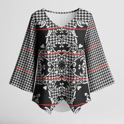 Charcoal Black Hearts Crown Traditional Geometry Kimono Sleeve Blouse Seanamarena Basotho Blanket Inspired