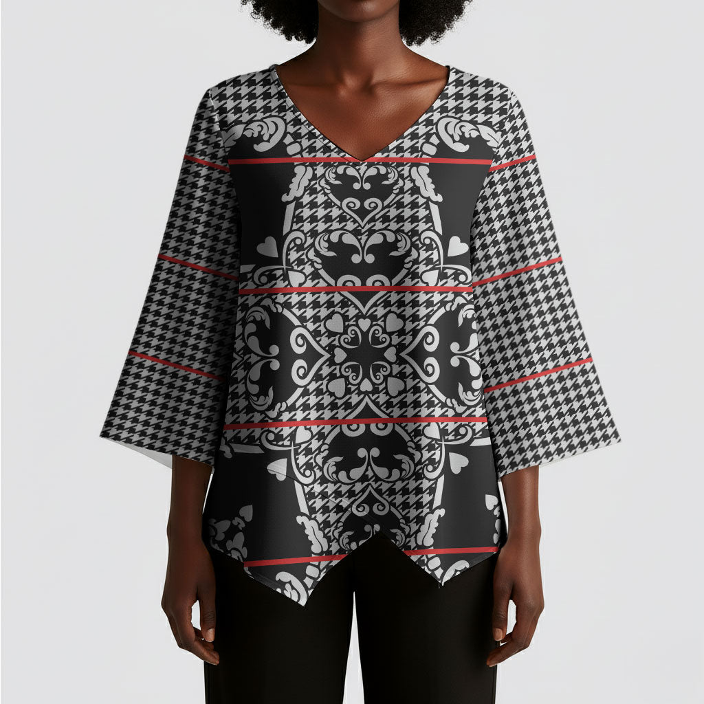 Charcoal Black Hearts Crown Traditional Geometry Kimono Sleeve Blouse Seanamarena Basotho Blanket Inspired