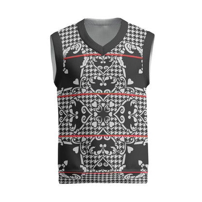 Charcoal Black Hearts Crown Traditional Geometry Christmas Knitted V-Neck Vest Seanamarena Basotho Blanket Inspired