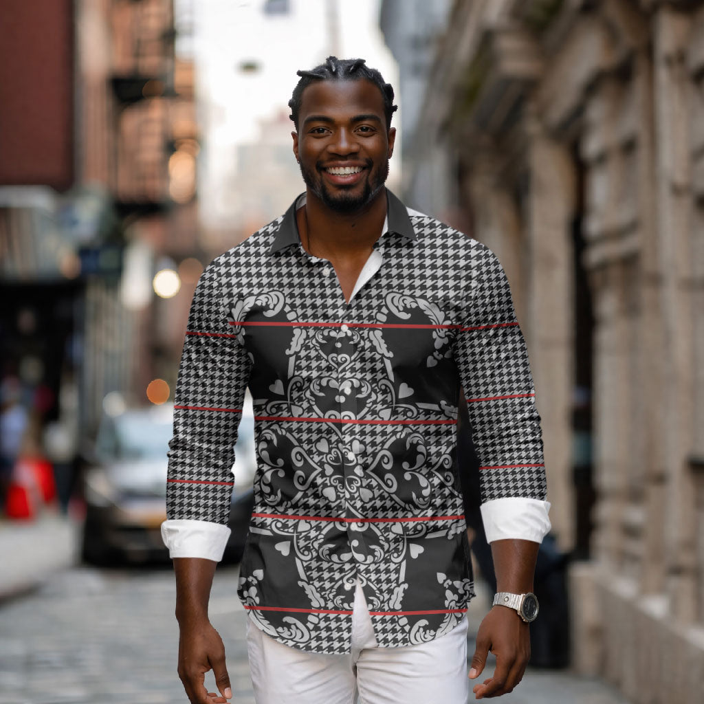 Charcoal Black Hearts Crown Traditional Geometry Long Sleeve Button Shirt Seanamarena Basotho Blanket Inspired