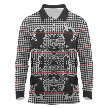 Charcoal Black Hearts Crown Traditional Geometry Long Sleeve Polo Shirt Seanamarena Basotho Blanket Inspired