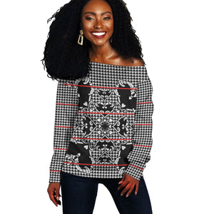 Charcoal Black Hearts Crown Traditional Geometry Off Shoulder Sweater Seanamarena Basotho Blanket Inspired