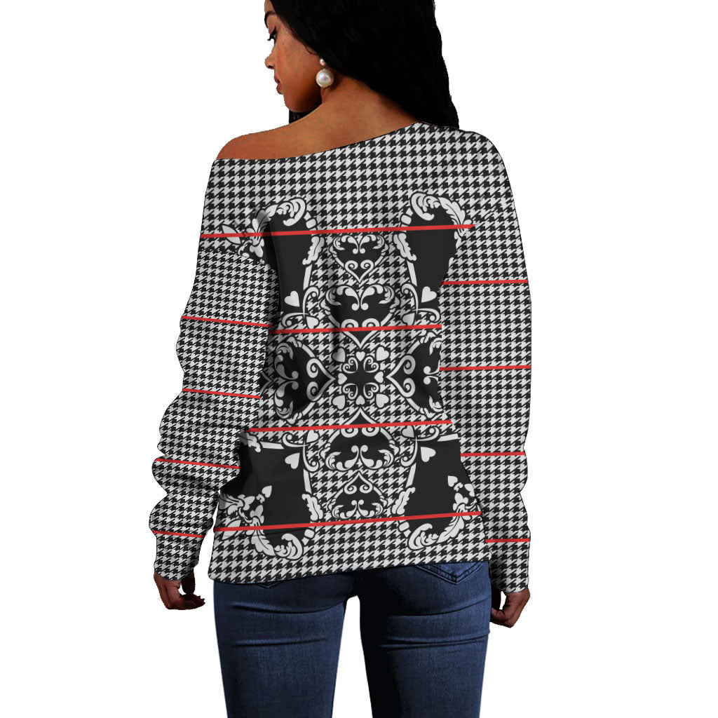 Charcoal Black Hearts Crown Traditional Geometry Off Shoulder Sweater Seanamarena Basotho Blanket Inspired