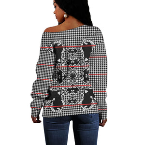 Charcoal Black Hearts Crown Traditional Geometry Off Shoulder Sweater Seanamarena Basotho Blanket Inspired