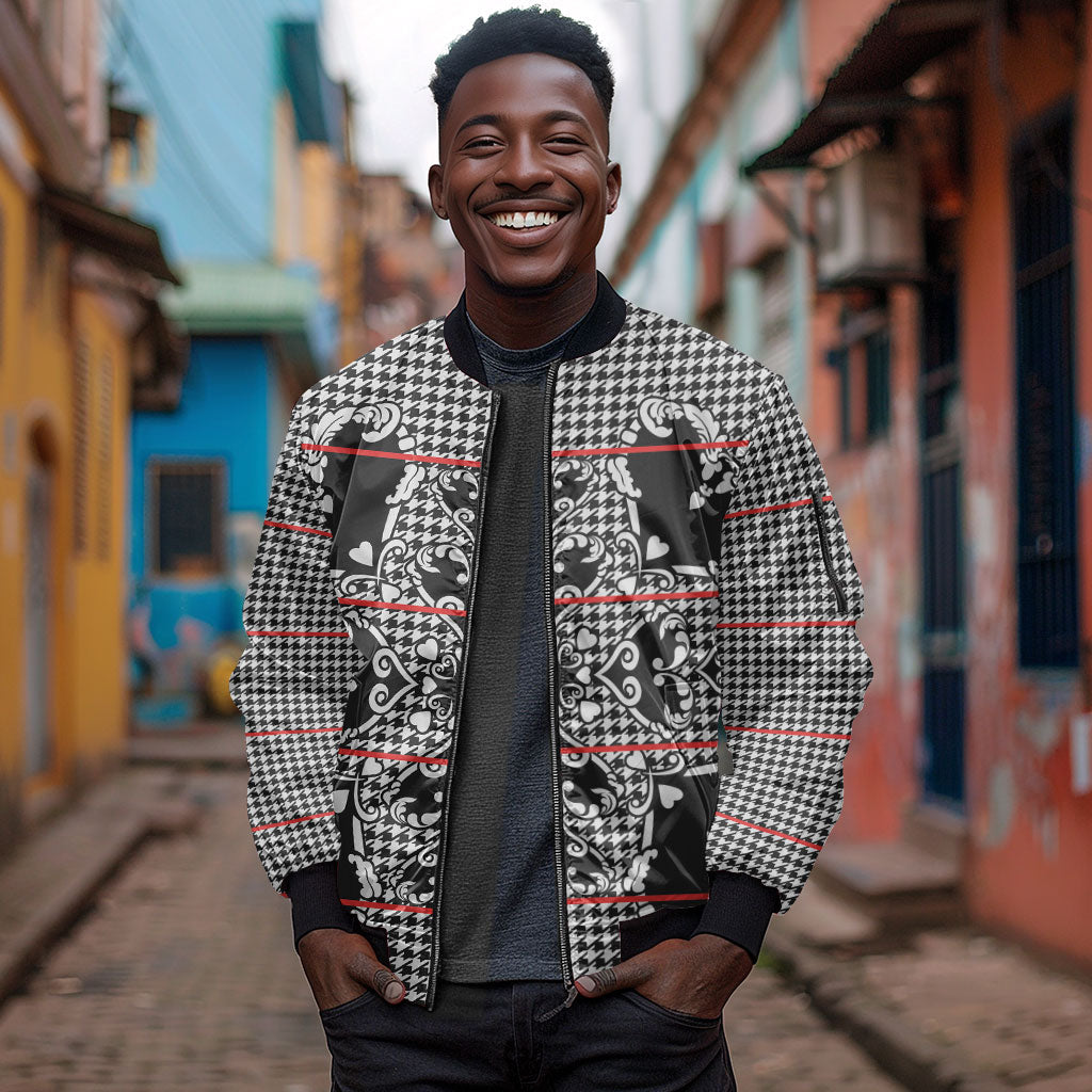 Charcoal Black Hearts Crown Traditional Geometry Sleeve Zip Bomber Jacket Seanamarena Basotho Blanket Inspired