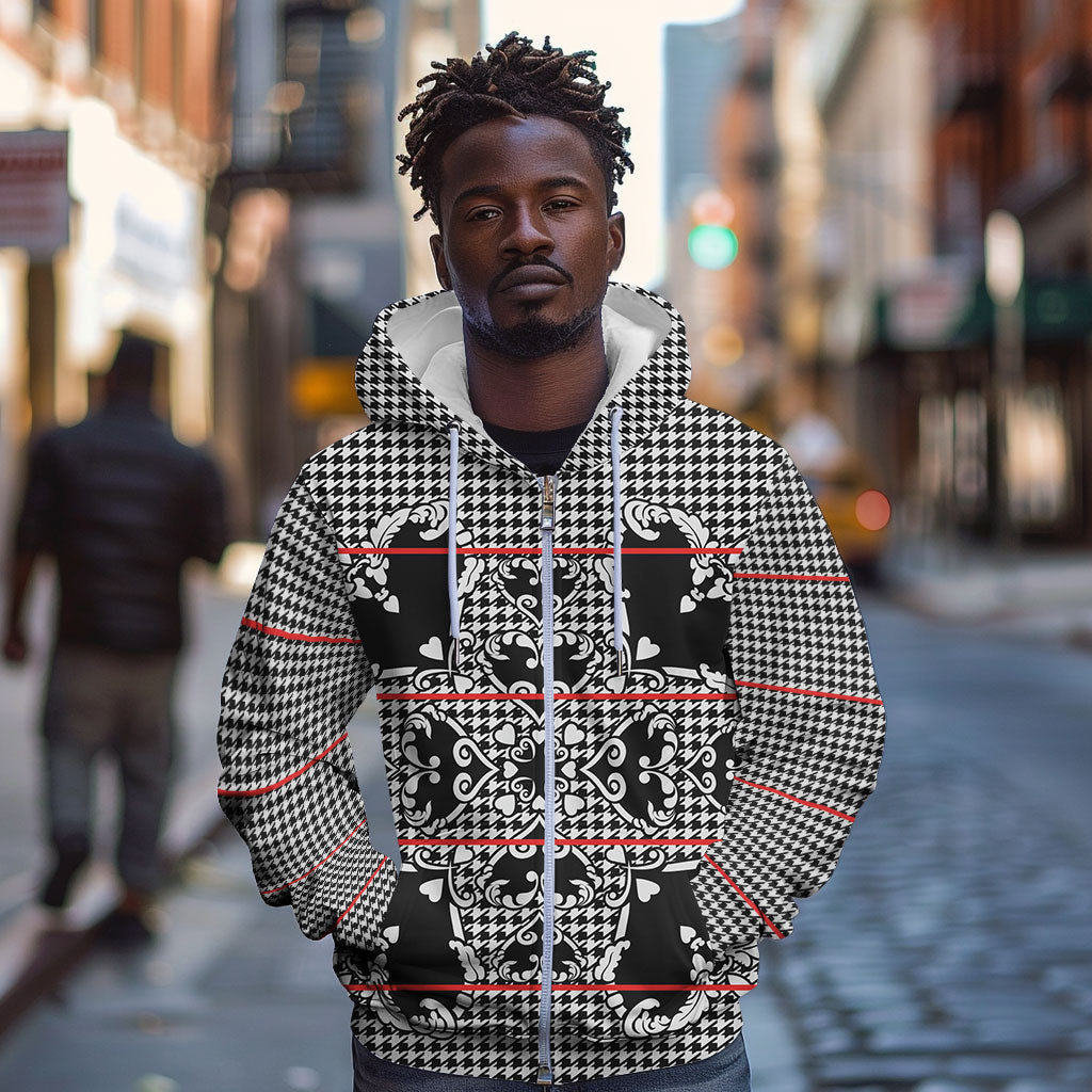 Charcoal Black Hearts Crown Traditional Geometry Zip Hoodie Seanamarena Basotho Blanket Inspired
