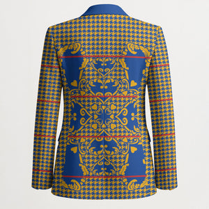 Cobalt Blue Hearts Crown Traditional Geometry Blazer Seanamarena Basotho Blanket Inspired