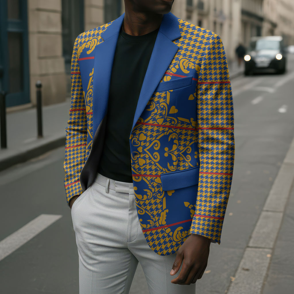 Cobalt Blue Hearts Crown Traditional Geometry Blazer Seanamarena Basotho Blanket Inspired